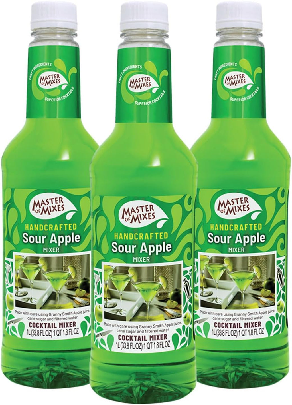 Master of Mixes Sour Apple Martini Drink Mix, Ready to Use, 1 Liter Bottle (33.8 Fl Oz), Pack of 3