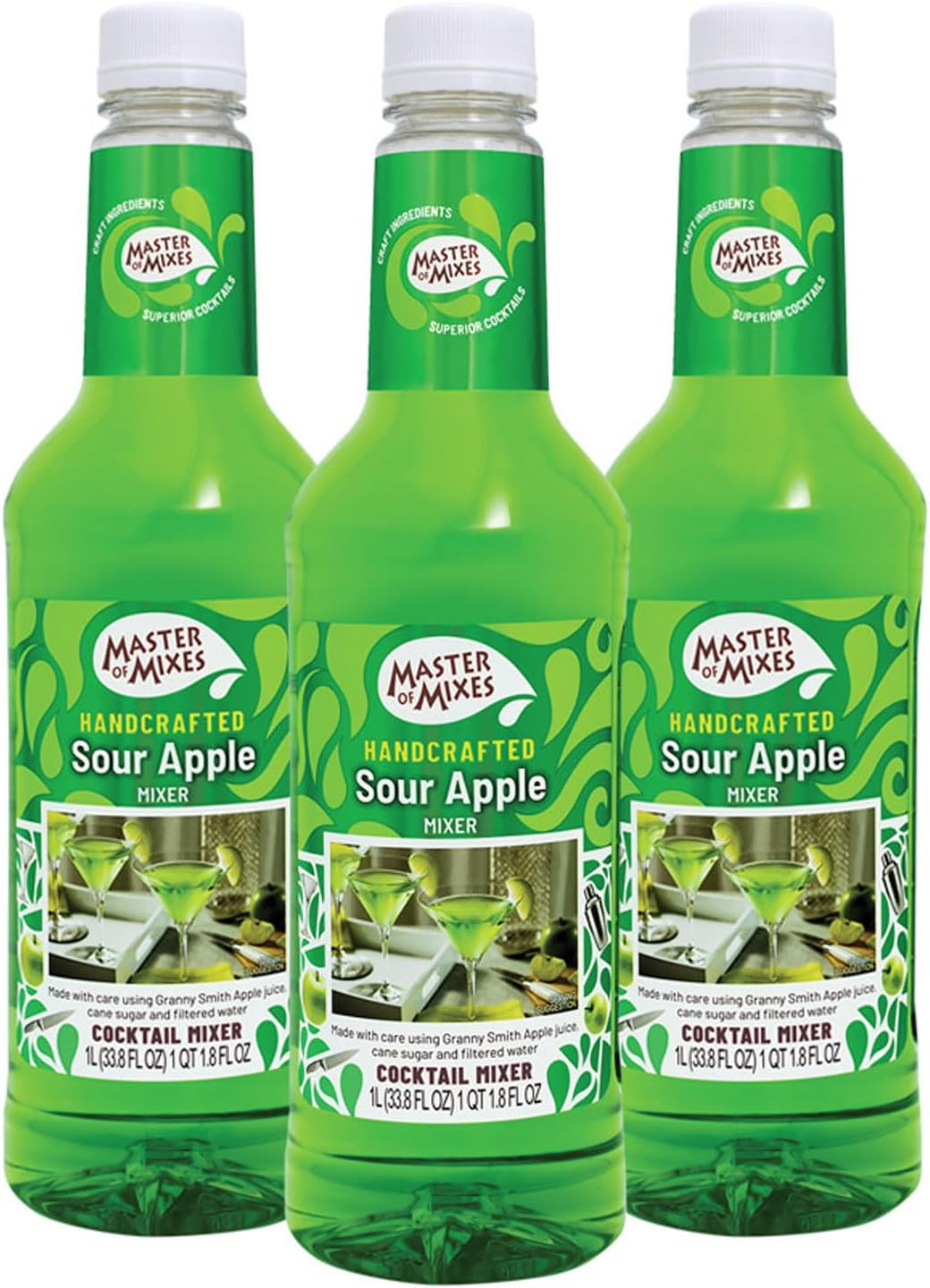 Master of Mixes Sour Apple Martini Drink Mix, Ready to Use, 1 Liter Bottle (33.8 Fl Oz), Pack of 3
