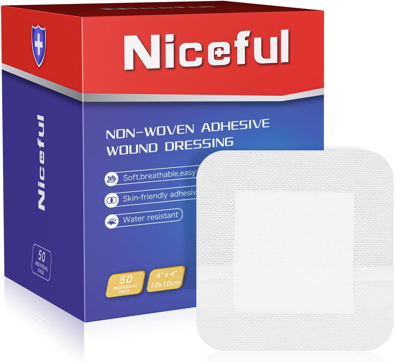 50 Count Adhesive Gauze Island Dressing 4" x 4", Water-Resistant Wound Dressing, Sterile & Absorbent Medical Grade Dressing Pads First Aid Pads FSA Eligible