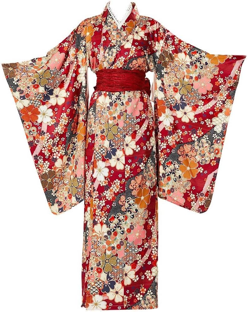 Womens Kimono Robe Traditional Japanese Kimono Dress Flower Printed Yukata with OBI, Halloween Cosplay Costume