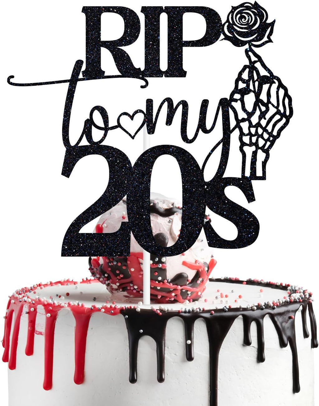 Black Glitter Rip to My 20's Cake Topper, Cheers to 30 Years/Death to My Twenties, Funeral Old English Themed 30th Birthday Party Decorations Supplies