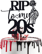 Black Glitter Rip to My 20's Cake Topper, Cheers to 30 Years/Death to My Twenties, Funeral Old English Themed 30th Birthday Party Decorations Supplies