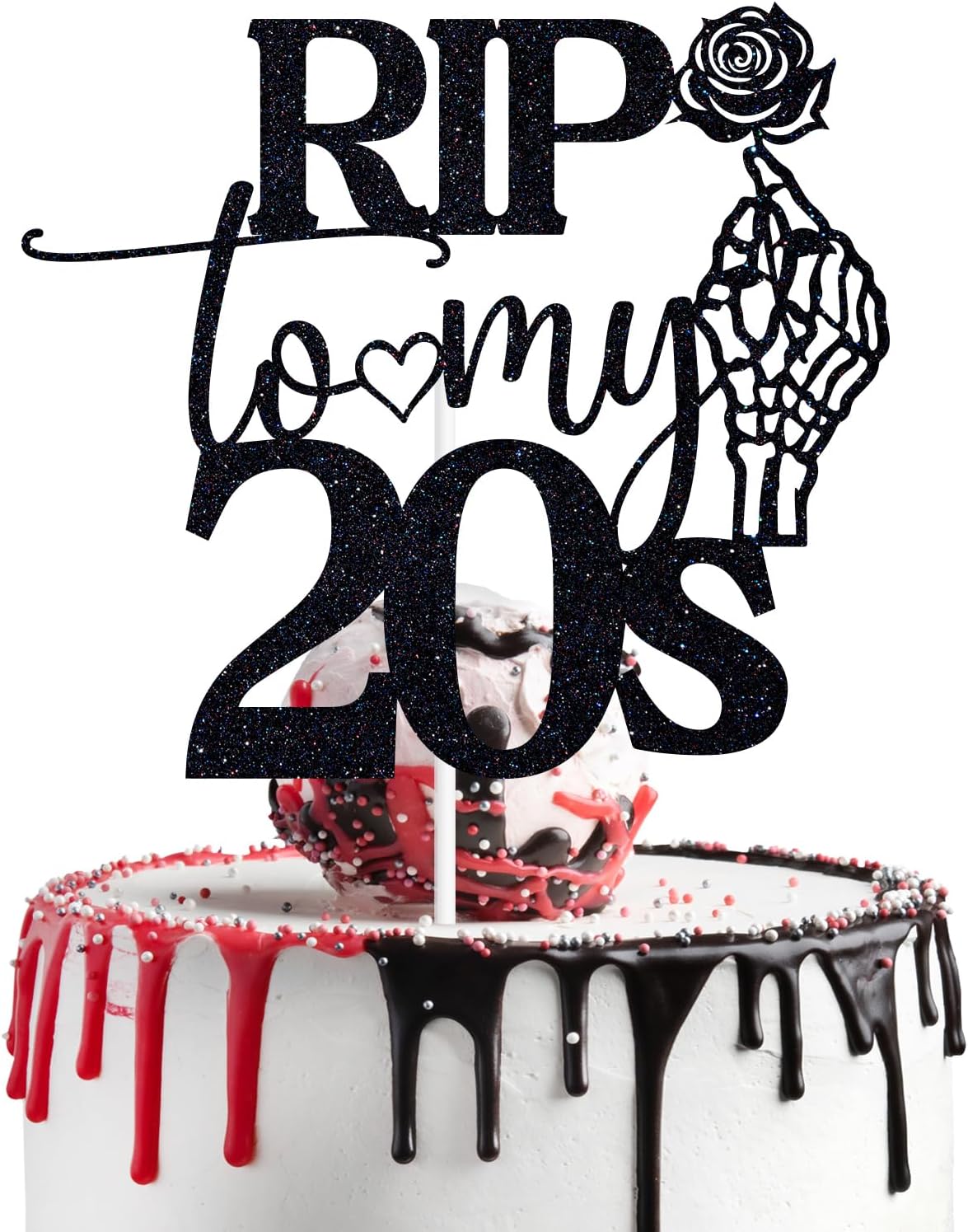 Black Glitter Rip to My 20's Cake Topper, Cheers to 30 Years/Death to My Twenties, Funeral Old English Themed 30th Birthday Party Decorations Supplies