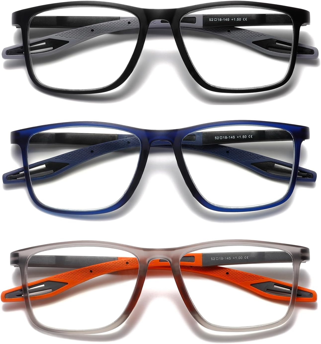 Hubeye TR90 Sports Reading Glasses for Men and Women Ultralight Flexible Anti-Blue Light Readers（Black+Blue+Orange，+1.5）