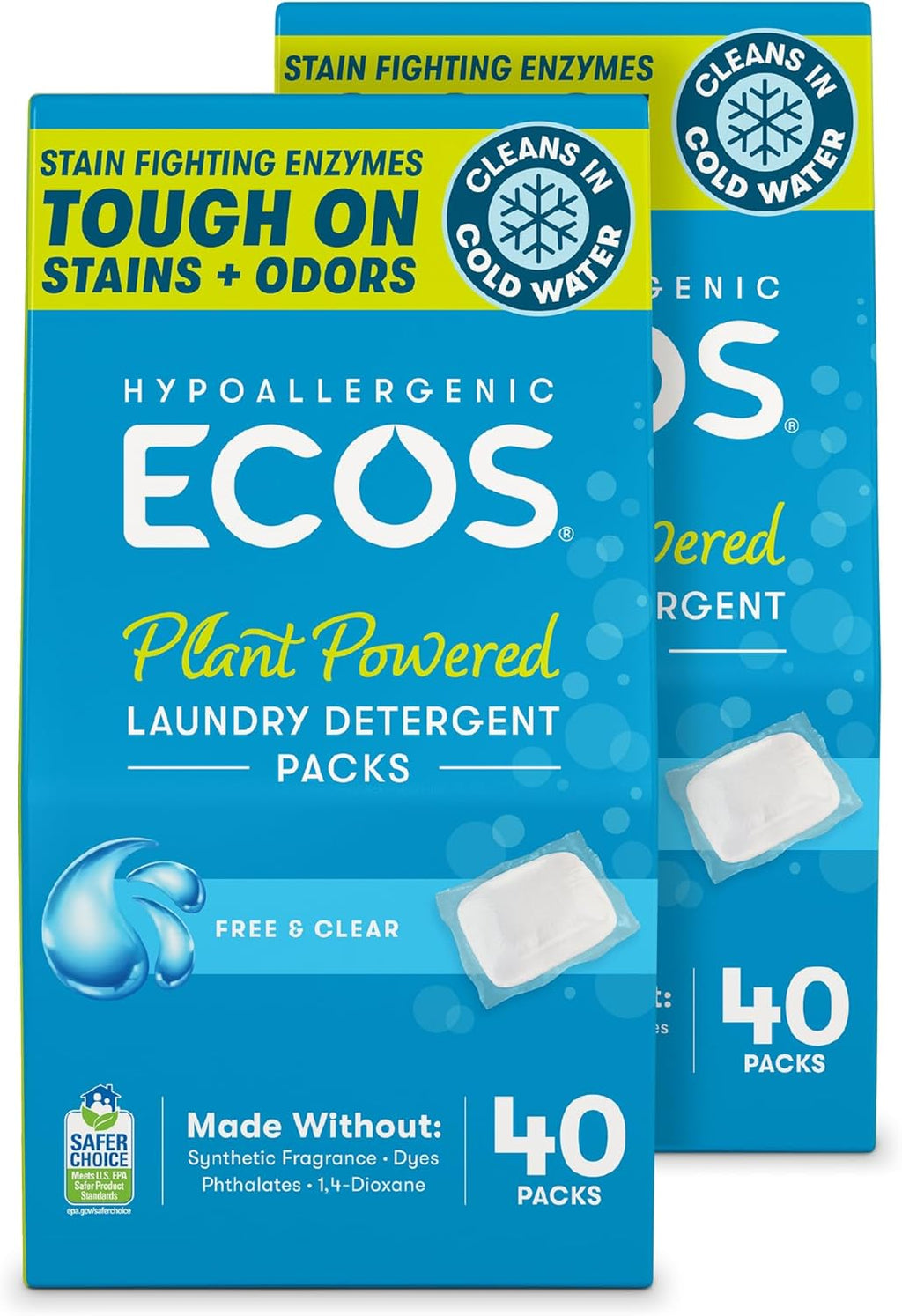 ECOS Laundry Detergent Packs, 80 Loads - 100% Plastic Free Packaging - Convenient No Mess Washing Soap Packs - Hypoallergenic for Sensitive Skin - Free & Clear