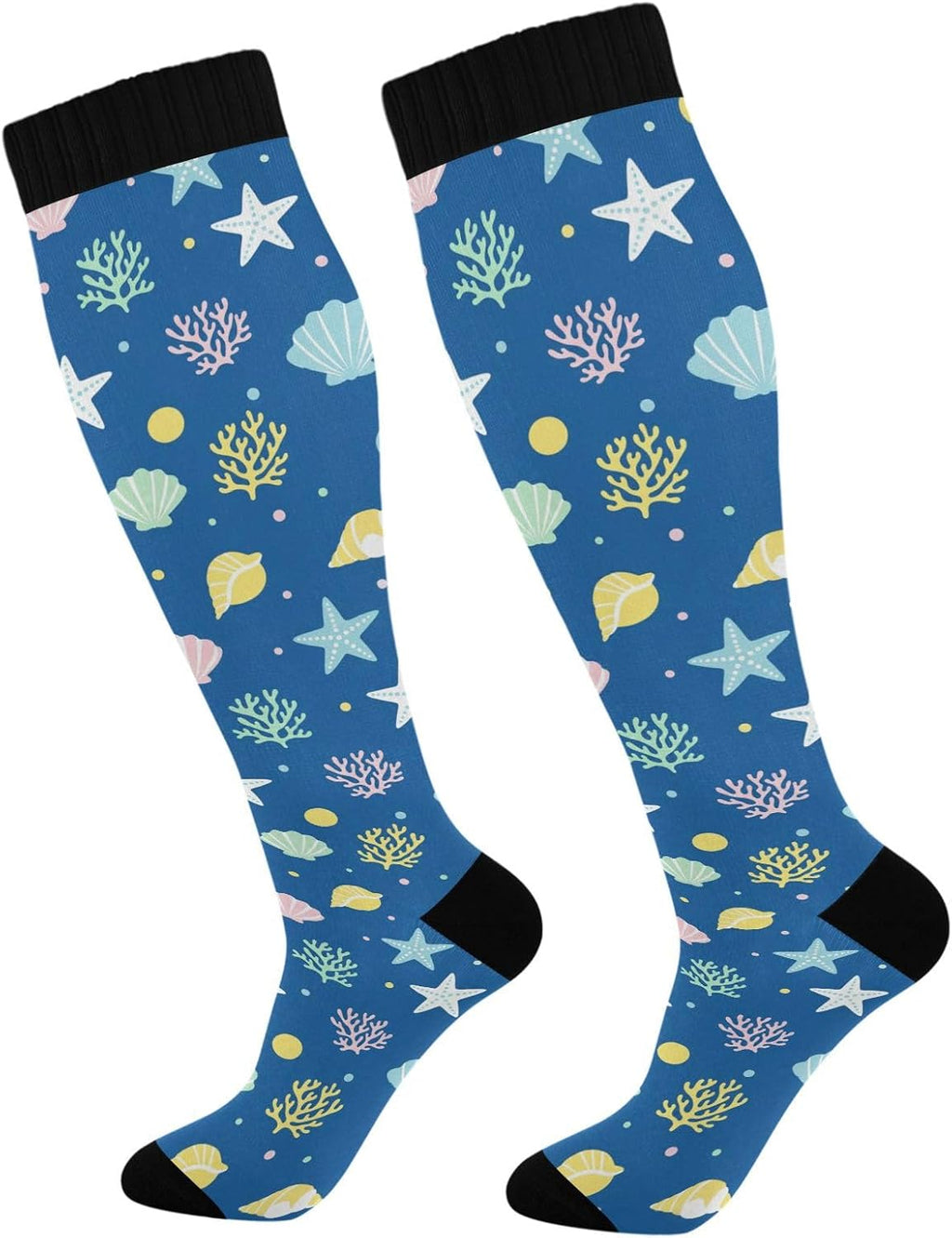 Starfish Seashell Blue Pattern Compression Socks for Women Men Nurses Running Support Long Athletic Socks for Ankle Nurse Running Accessories