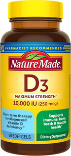 Nature Made Vitamin D3 10000 IU (250 mcg) Maximum Strength, Vitamin D Supplement for Bone and Immune Health Support, 60 Softgels, 60 Day Supply