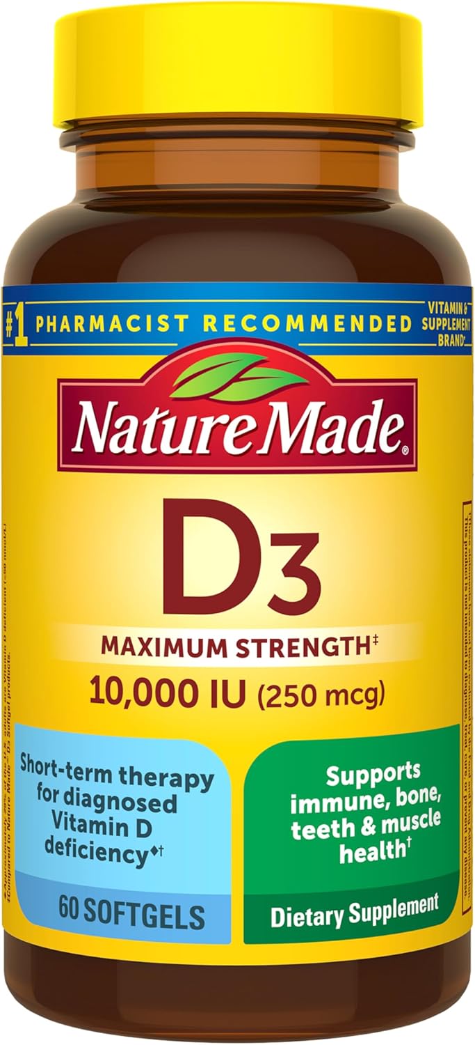 Nature Made Vitamin D3 10000 IU (250 mcg) Maximum Strength, Vitamin D Supplement for Bone and Immune Health Support, 60 Softgels, 60 Day Supply