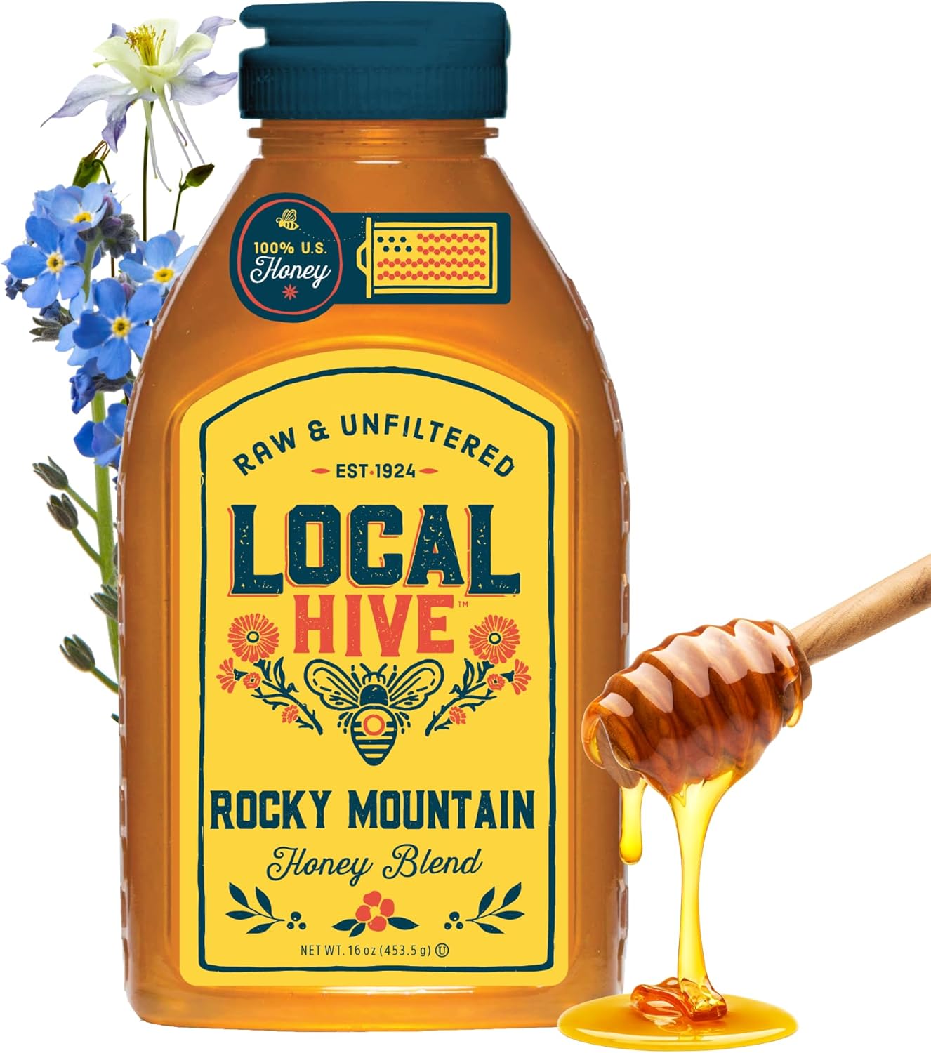 Local Hive Rocky Mountain Raw & Unfiltered – 16 oz | 100% Pure U.S. Honey | Natural Sweetener Sourced from American Bees & Beekeepers | Medium-Bodied Regional Flavor | Ideal for Tea, Baking & Cooking