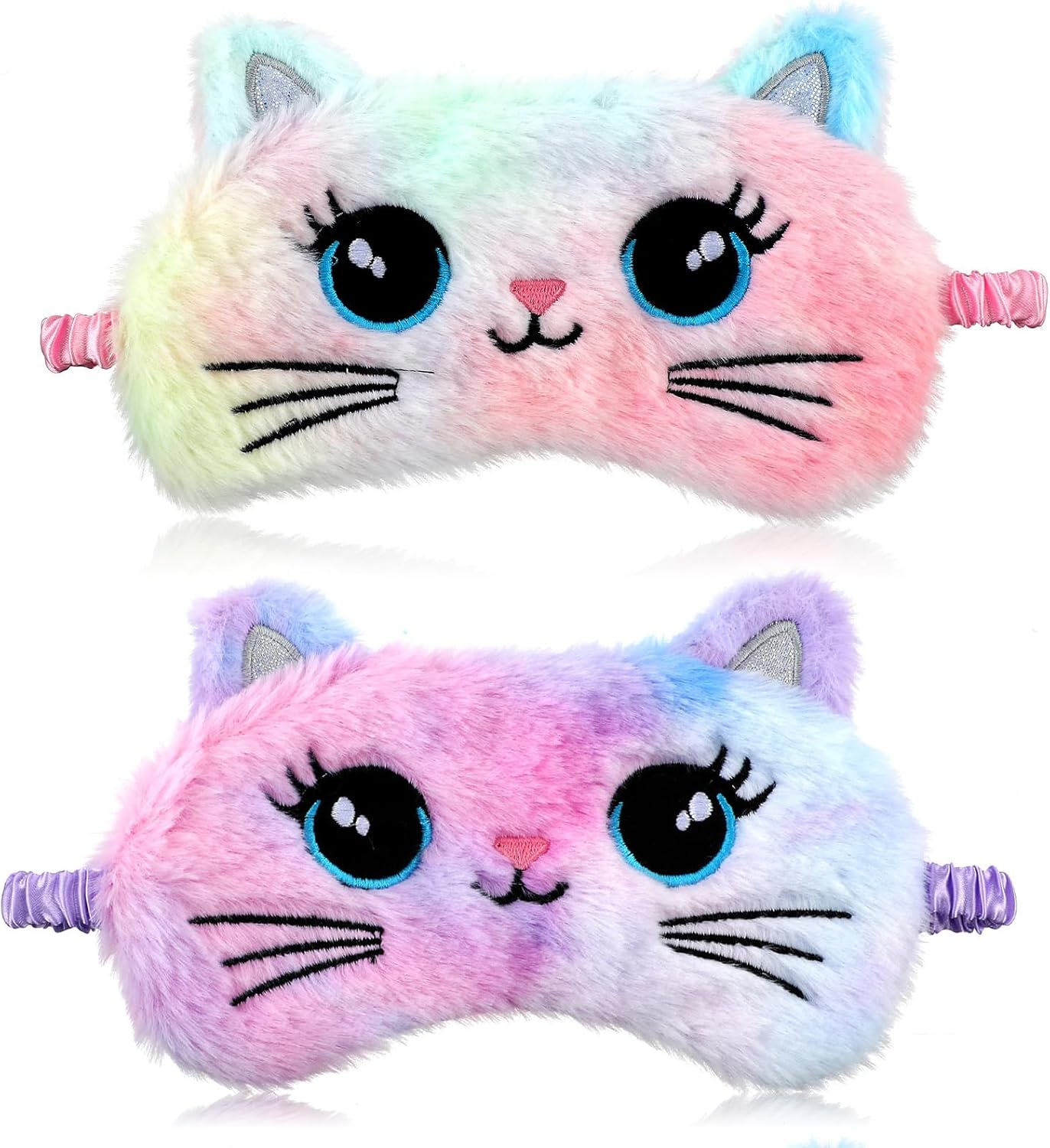 2 Pcs Sleep Mask for Kids, Soft Fuffy Plush Sleeping Eye Shade, Comfortable Cute Animal Blindfold Eye Cover for Women, Men and Kids Travel Nap Sleeping (Cat)