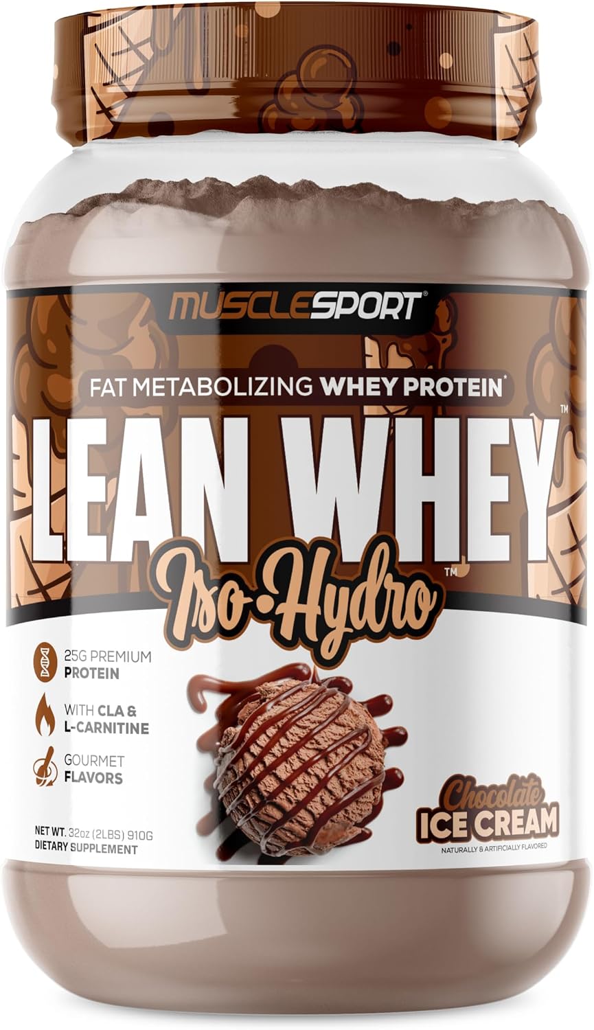 MuscleSport Lean Whey Revolution™ Protein Powder - Whey Protein Isolate - Low Calorie, Low Carb, Low Fat, Incredible Flavors - 25g protein per scoop - 2lb Chocolate Ice Cream