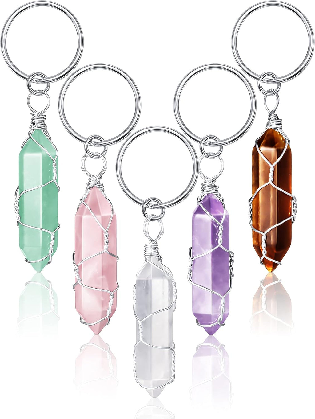 Sureio 5 Pieces Multicolor Crystals Stone Keychain Wire Wrapped Stones Jewelry Hexagonal Natural Crystal Keyring Quartz Pendants Keychain Quartz Crystal for Women