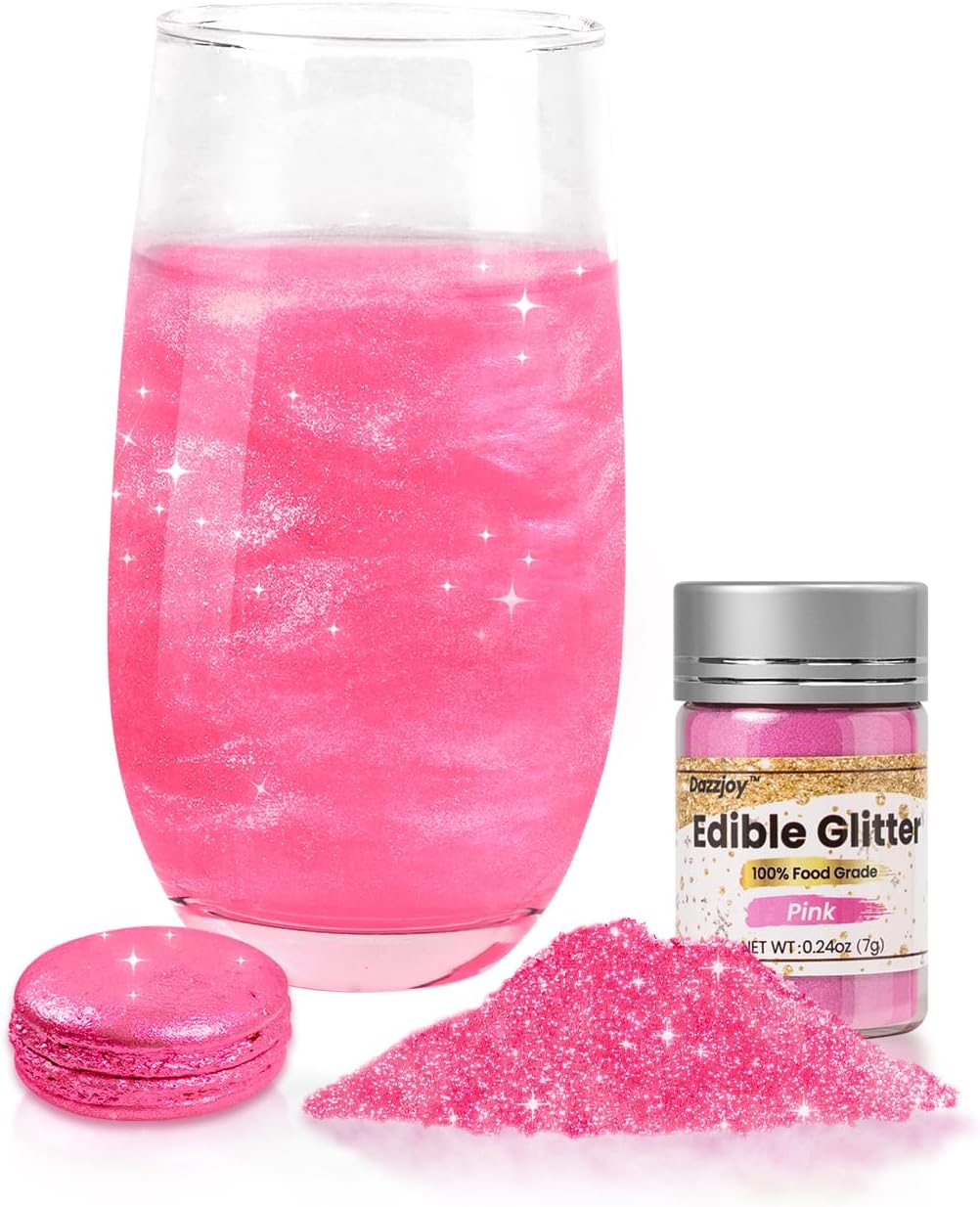 Dazzjoy Pink Edible Glitter for Drinks, 7g, Shimmer Dusting Powder for Cake Decorating, Cocktail, Cupcake, Cookies, Valentines Wedding Holiday Party Supplies