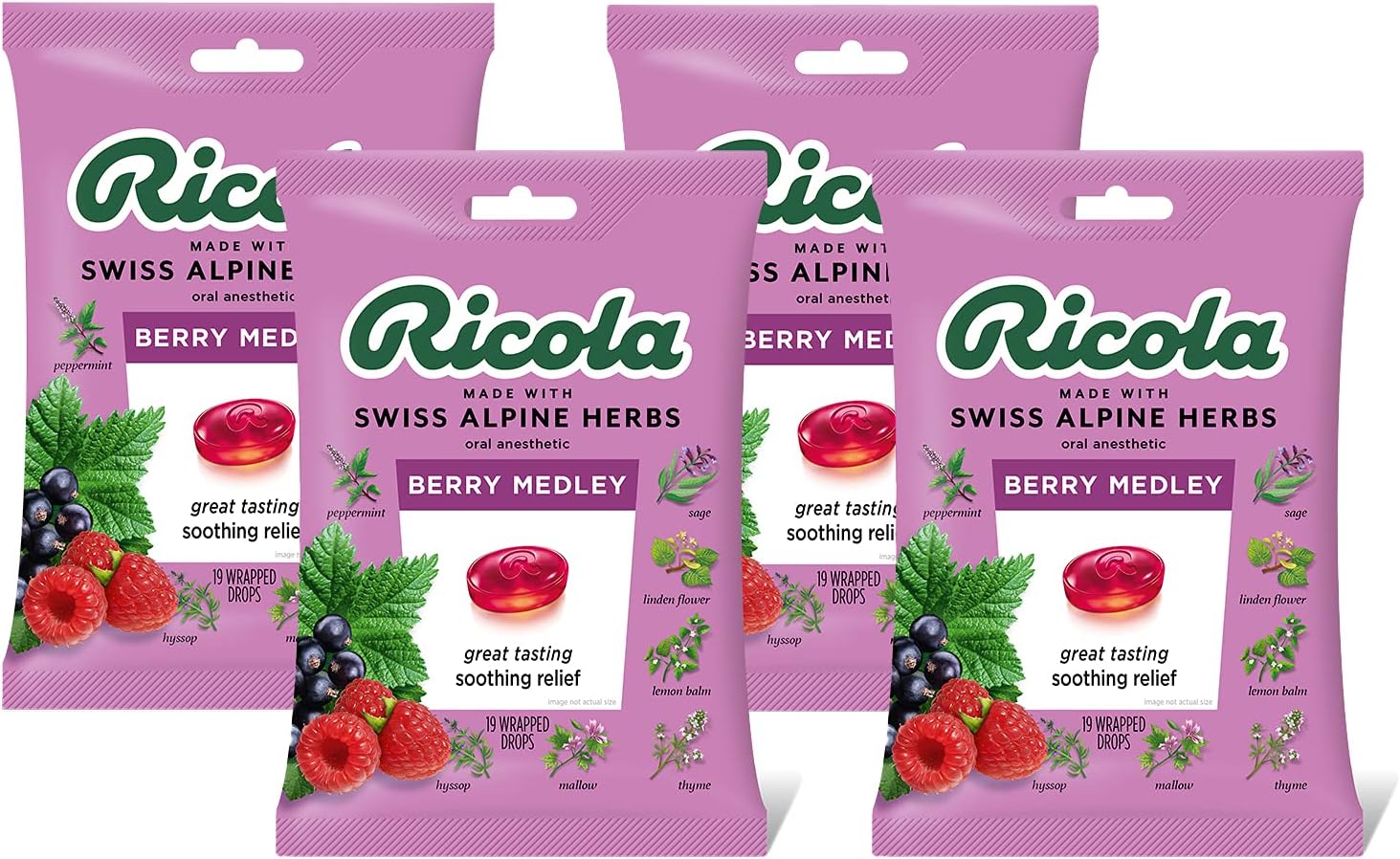 Ricola Berry Medley Oral Anesthetic, 19 Drops per Bag, 4-Pack Bundle