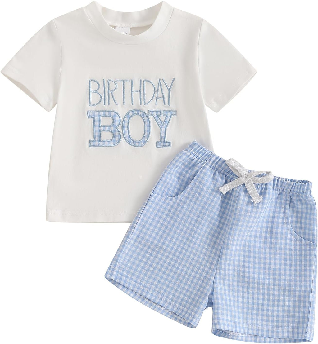 Toddler Baby Boy Girl First Birthday Outfit Short Sleeve Shirt Plaid Shorts Sets Summer Birthday Clothes 2Pcs