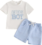 Toddler Baby Boy Girl First Birthday Outfit Short Sleeve Shirt Plaid Shorts Sets Summer Birthday Clothes 2Pcs