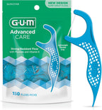 GUM Advanced Care Floss Picks - Dental Flossers for Adults with Vitamin E and Fluoride - Extra Strong Shred-Resistant Dental Floss, Easy Grip Handle, Fresh Mint Flavor, 150 ct