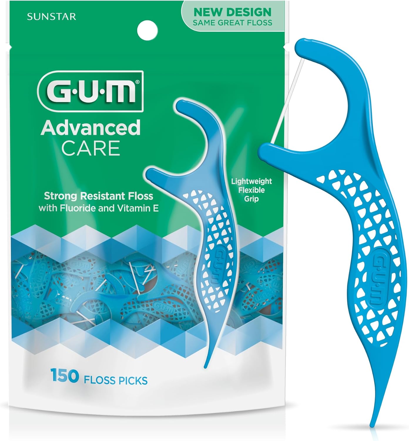 GUM Advanced Care Floss Picks - Dental Flossers for Adults with Vitamin E and Fluoride - Extra Strong Shred-Resistant Dental Floss, Easy Grip Handle, Fresh Mint Flavor, 150 ct