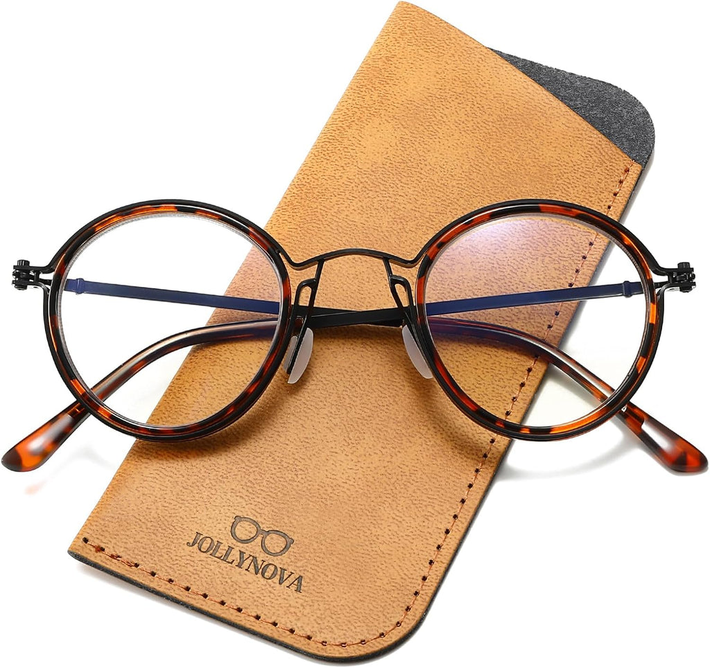 JOLLYNOVA Retro Round Blue Light Blocking Reading Glasses for Women Men,Metal Anti UV Readers (Leopard & Single Vision, 2, x)