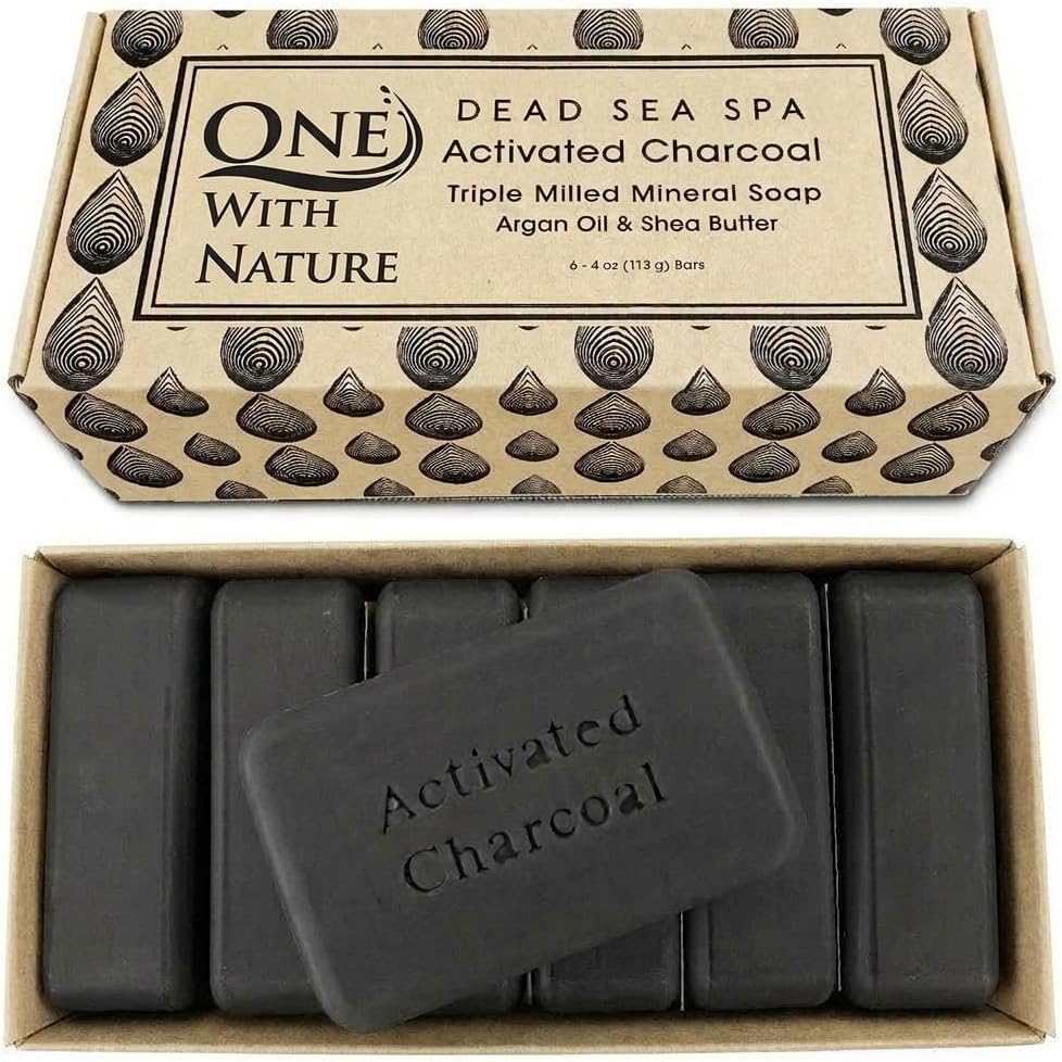 One With Nature Activated Charcoal Soap 4oz 6-Pack Gift Box – Detoxifying and Exfoliating Charcoal Soap Bar with Dead Sea Salt for Face & Body, for Men & Women