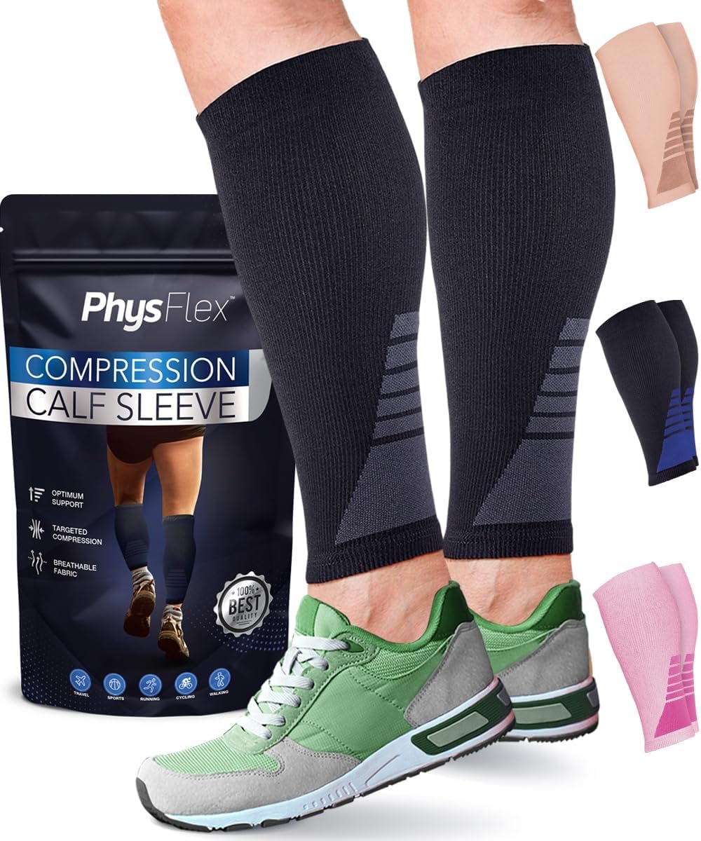 Calf Compression Sleeves for Men and Women - (1 Pair) Footless Compression Socks Support for Varicose Veins, Nursing, Pregnancy, Running - PhysFlex Leg Sleeve Brace for Shin Splints, Pain Relief and Reduces Swelling (Black, Large)