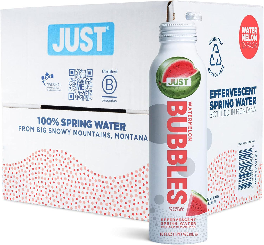 JUST Bubbles Watermelon - Pure Premium Sparkling Spring Water in a Fully Recyclable Reusable Eco-Friendly Bottle - 100% Mountain-Sourced Carbonated Water with Naturally Occurring Minerals, 16 Fl Oz