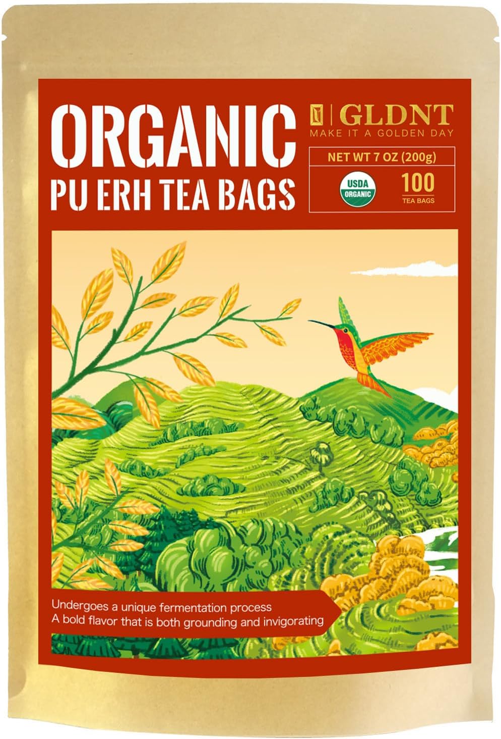GLDNT Organic Pu-erh Tea Bags, Fermented Yunnan Dark Tea, Bold & Mellow Flavor, Caffeinated, 100 Count