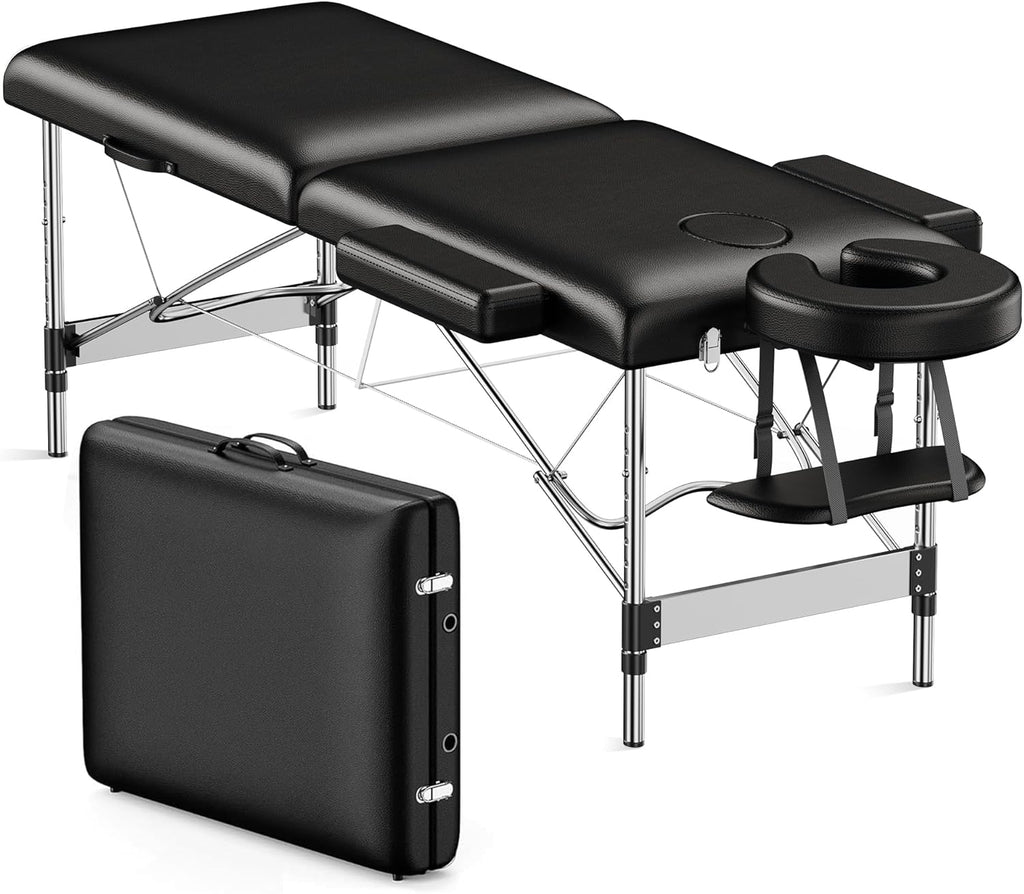 Brelley Massage Table Portable, 2-Fold Lash Bed with Side Pocket, Adjustable Height, Sturdy Aluminum Frame, Esthetician Spa Facial Tattoo Bed with Face Cradle & Carrying Bag, Black
