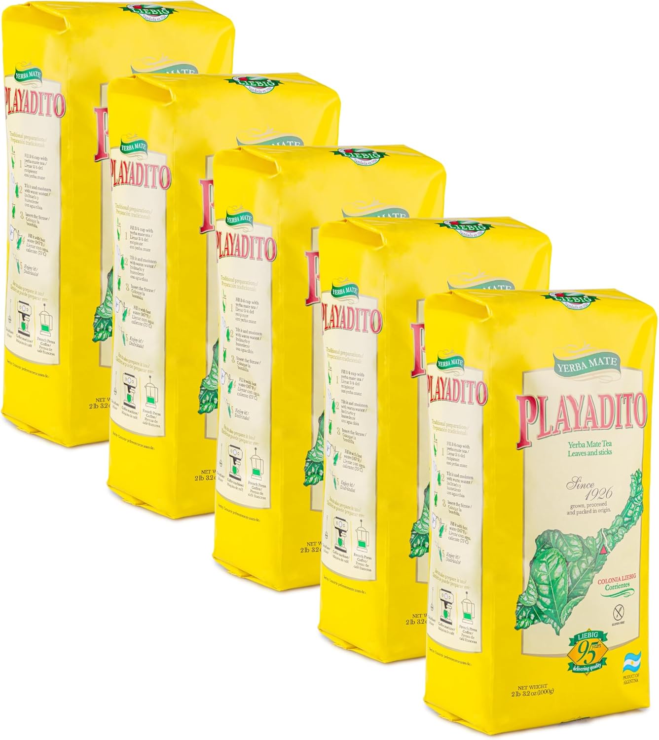 Playadito Yerba Mate Traditional Con Palo from Colonia Liebig Wholesale Bulk Pack - New Packaging, 5x 1 kg / 2.2 lb ea