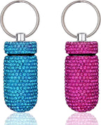 GOUWEIBA 2 Pieces Bling Pill Container Portable Pill Bottle Case Waterproof Medicine Box Crystal Diamond Mini Pill Holder Storage with Keychain for Outdoor Camping Traveling (Lake Blue, Rosy Red)