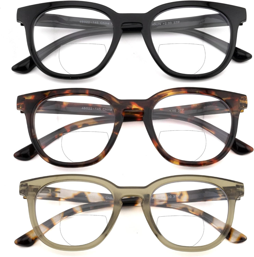 HIYANJN 3 Pack Bifocal Reading Glasses for Women Fashion Black/Tortoise/Green Colorful Round Frame Readers With Spring Hinger