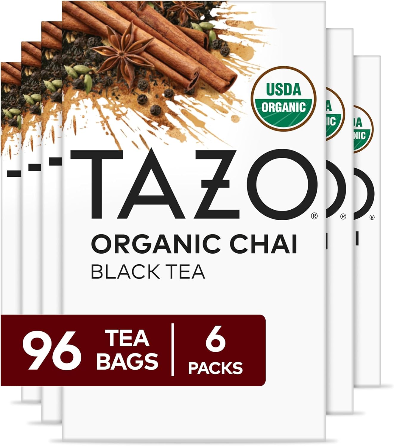 TAZO Organic Chai Black Tea Bags, Blend of Black Teas, Ginger, Cinnamon, Black Pepper & Cardamom, 96 Total Tea Bags (16ct - Pack of 6)