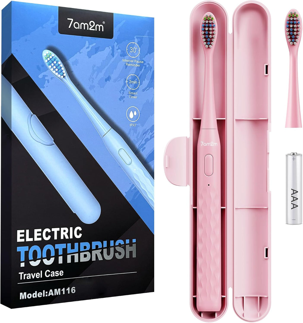 7AM2M Sonic Electric Toothbrush for Adults & Kids, with Travel Case&2 Brush Heads, Battery Powered Sonic Toothbrush, Compact Design for Daily/Travel Use-Pink