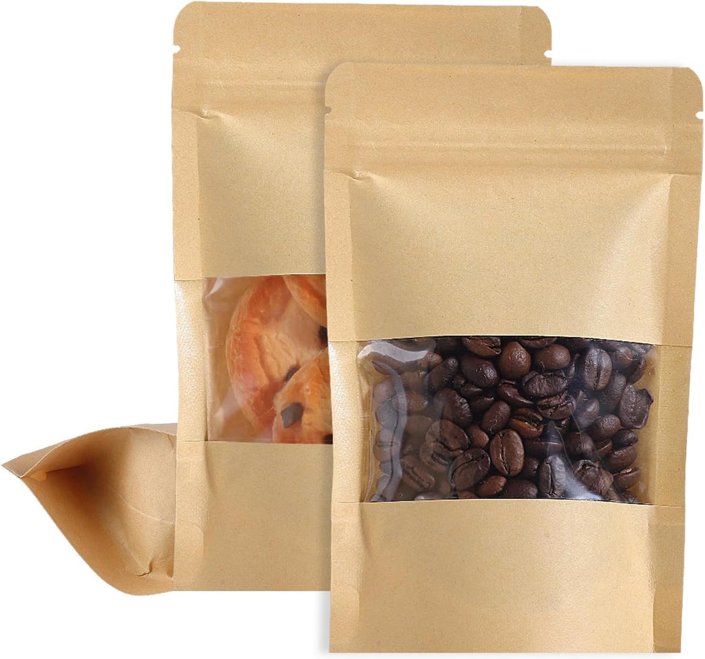 WSICSE 100 Pcs Kraft Paper Stand Up Pouch Bags with Window, Resealable Self-sealing Tear Notch Food Storage Bags for Small Business Home Use (4" x 6")