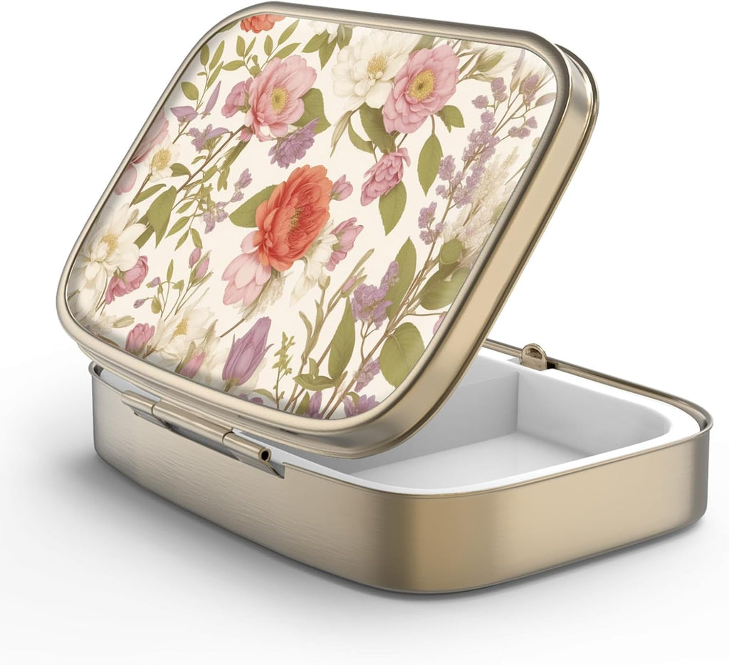 Pill Case Pill Box with Mirror Retro 2 Compartment Small Pill Case for Purse or Pocket Bronze Rectangular Pill Box or Vitamins, Fish Oil, Supplements, Pill Containe Travel Gifts（Retro Red Flowers）