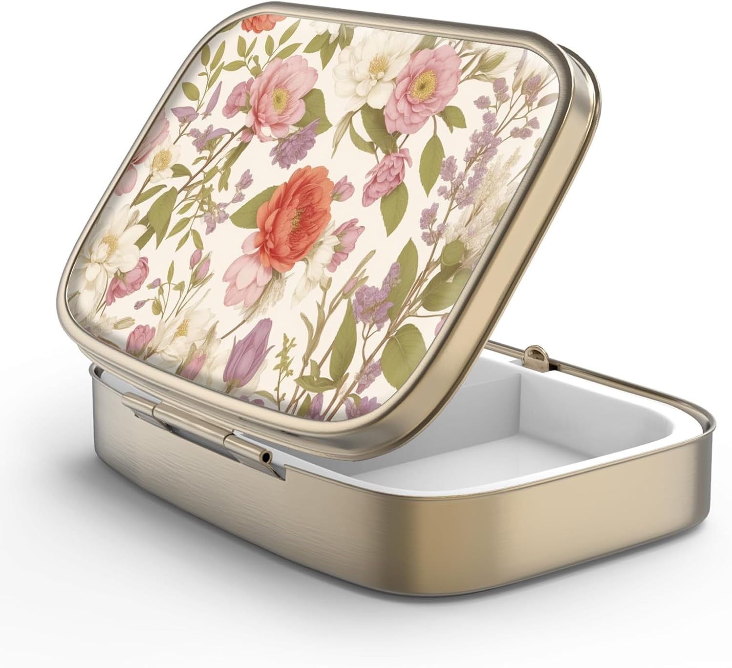 Pill Case Pill Box with Mirror Retro 2 Compartment Small Pill Case for Purse or Pocket Bronze Rectangular Pill Box or Vitamins, Fish Oil, Supplements, Pill Containe Travel Gifts（Retro Red Flowers）