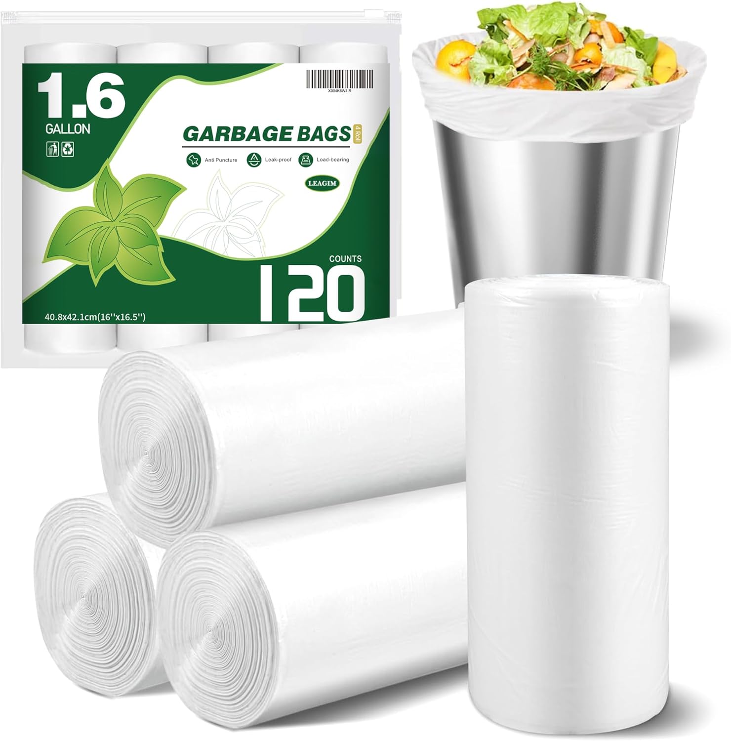 120 Counts 1.6 Gallon Small Trash Bags, Mini Garbage Bags, Fit 1.2-2 Gal, 4.5-8 Liter, Bathroom White Trash Can Bin Liners for Home Office Bathroom Bedroom
