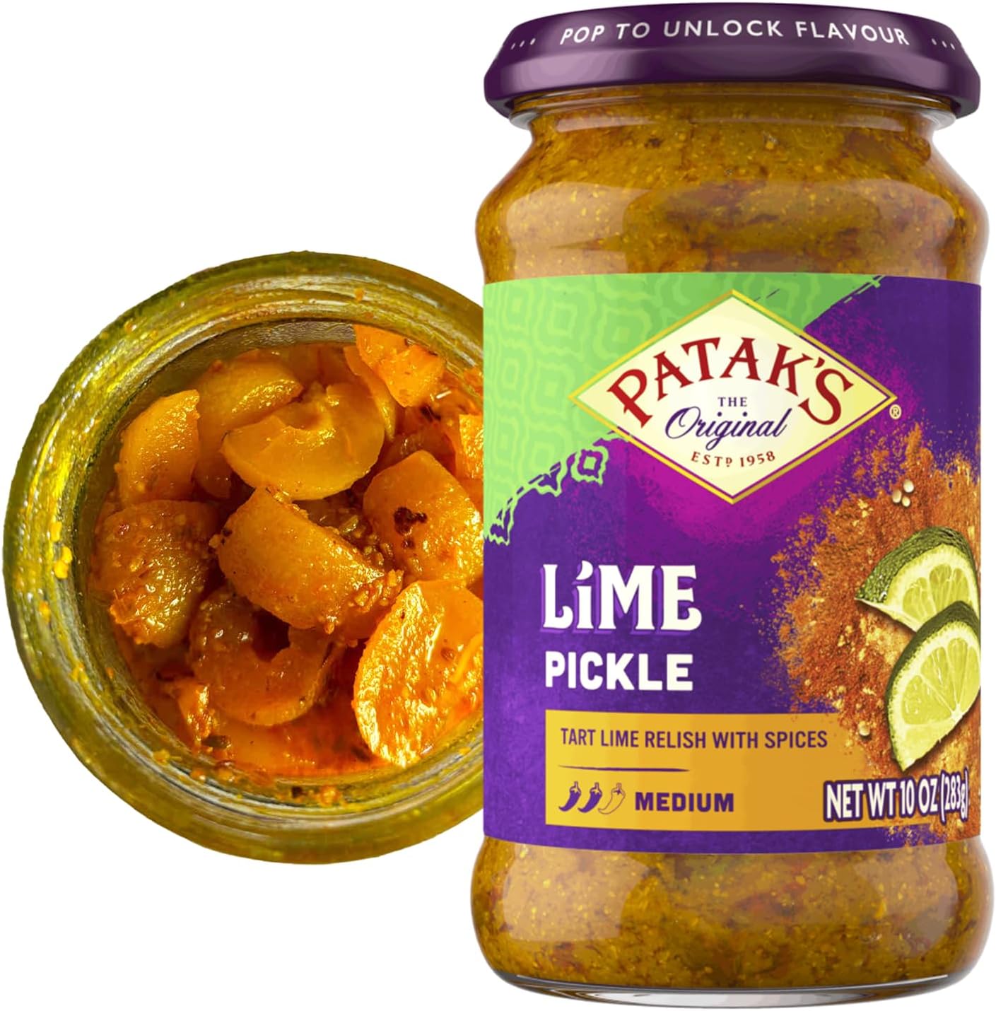 Patak’s Medium Lime Pickle - Authentic Indian Relish w/Lime Dices, Mustard Seeds & Aromatic Spices - Perfect for Sandwiches, Curries & Cold Meats - Indian Pickle - 10oz Jar (Pack of 1)