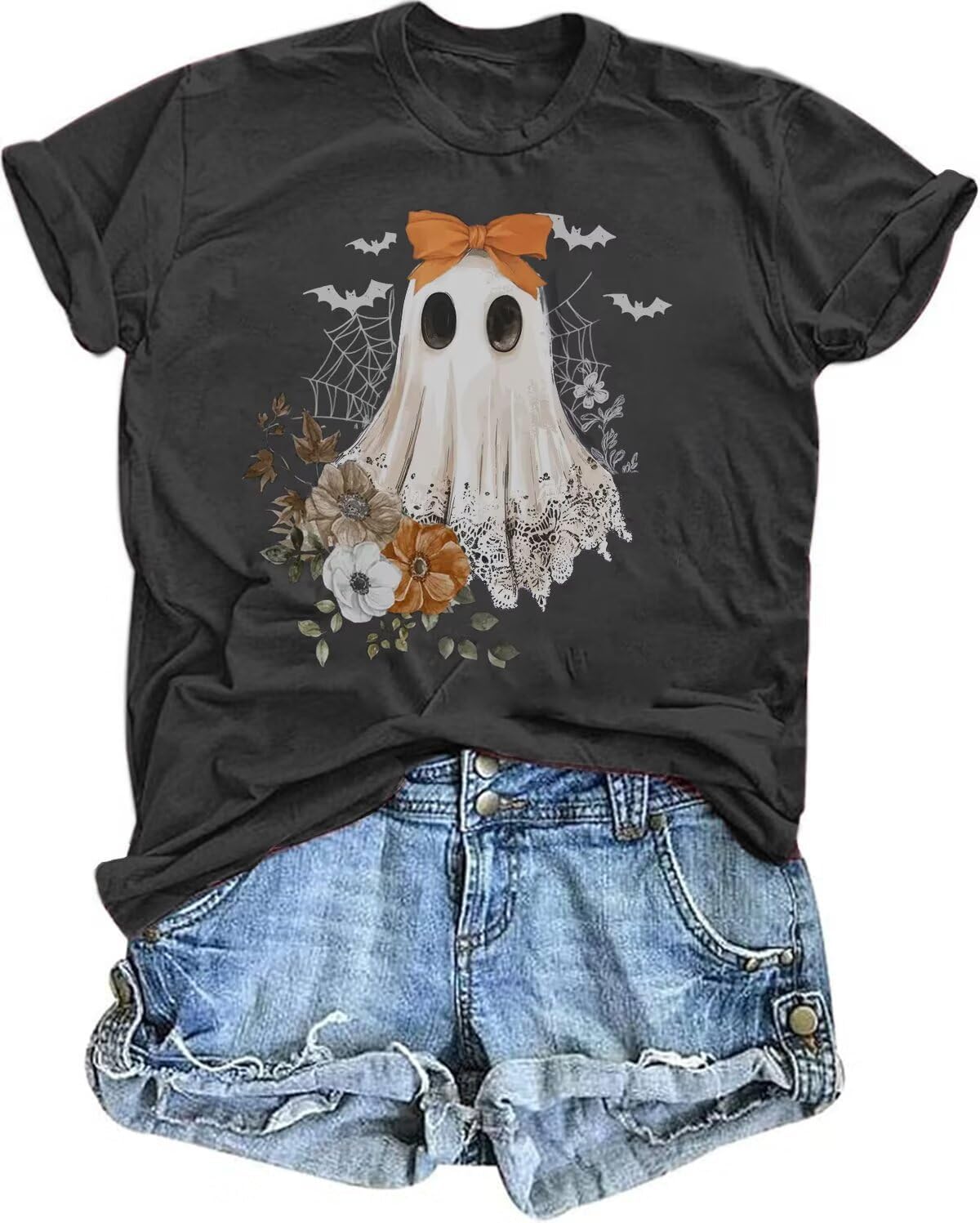 Halloween Shirts for Women Cute Ghost Graphic Tees Fall Crewneck Short Sleeve Costumes Autumn Party Graphic T-Shirt