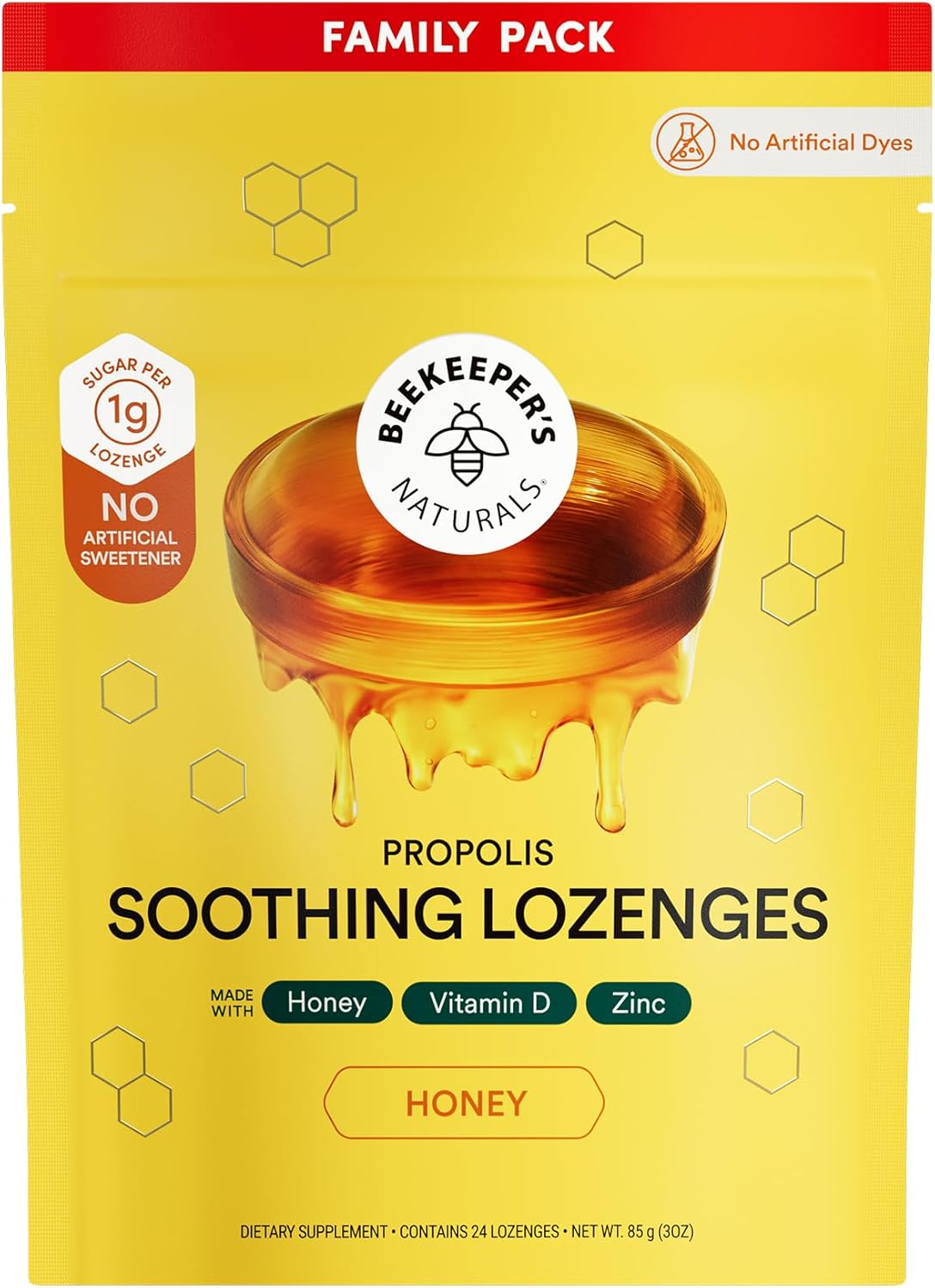 Beekeeper's Naturals Soothing Honey Cough Drops - Immune Support with Vitamin D, Zinc and Propolis Throat Soothing Lozenges, 24 Ct