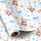 RUSPEPA Bear Bow Wrapping Paper Roll for Baby Boy, Mini Roll, Blue Bear with Heart, Bow and Star Gift Wrap Paper for Baby Shower, Birthday and Special Occasions, 17 Inches x 16.4 Feet