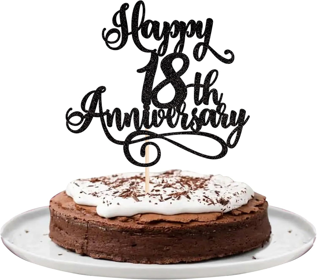 Rsstarxi 1 Pack Happy 18th Anniversary Cake Topper Glitter Cheers to 18 Years Wedding Anniversary Cake Pick Decorations for Happy 18th Birthday Wedding Anniversary Party Cake Decorations Black