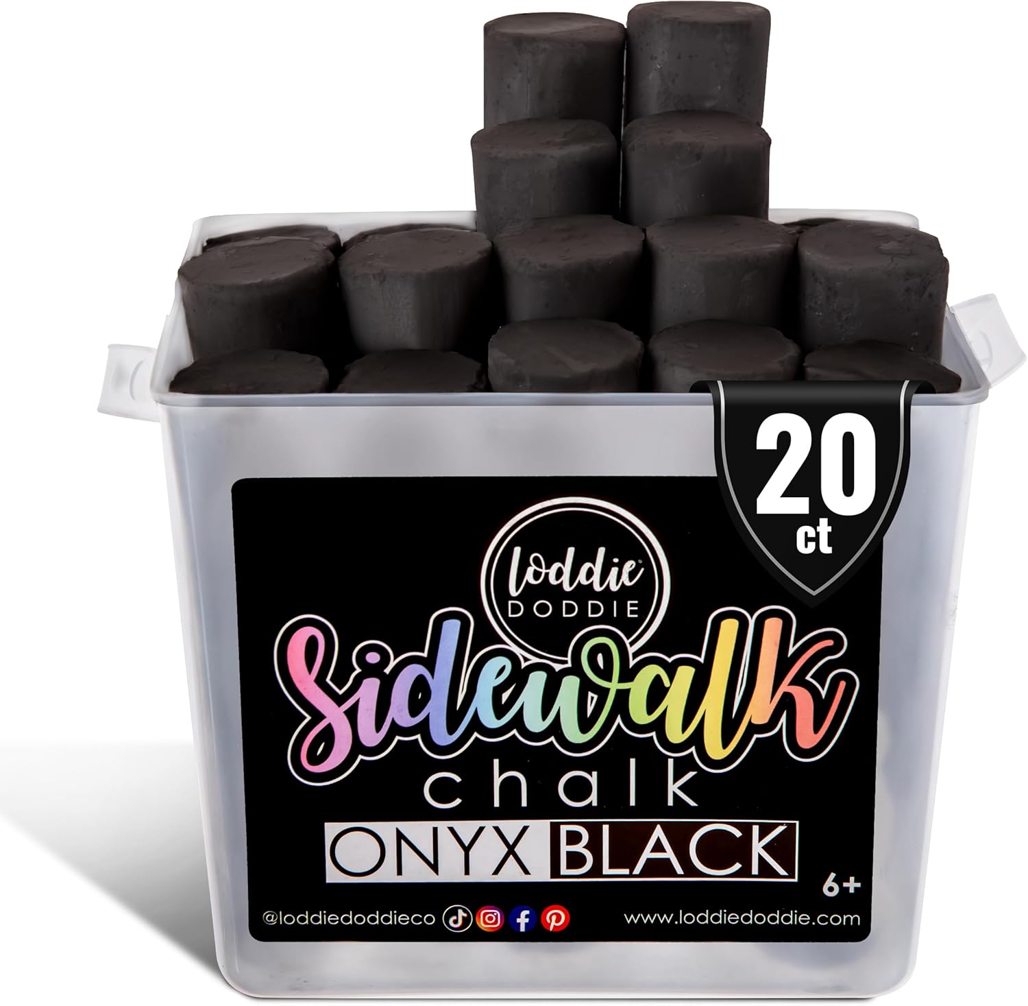 Loddie Doddie Jumbo Sidewalk Chalk Bucket - 20 Count, Black - Washable Sidewalk Chalk for Kids - Bucket Storage for Outside Fun - For Outdoor Kids Activities