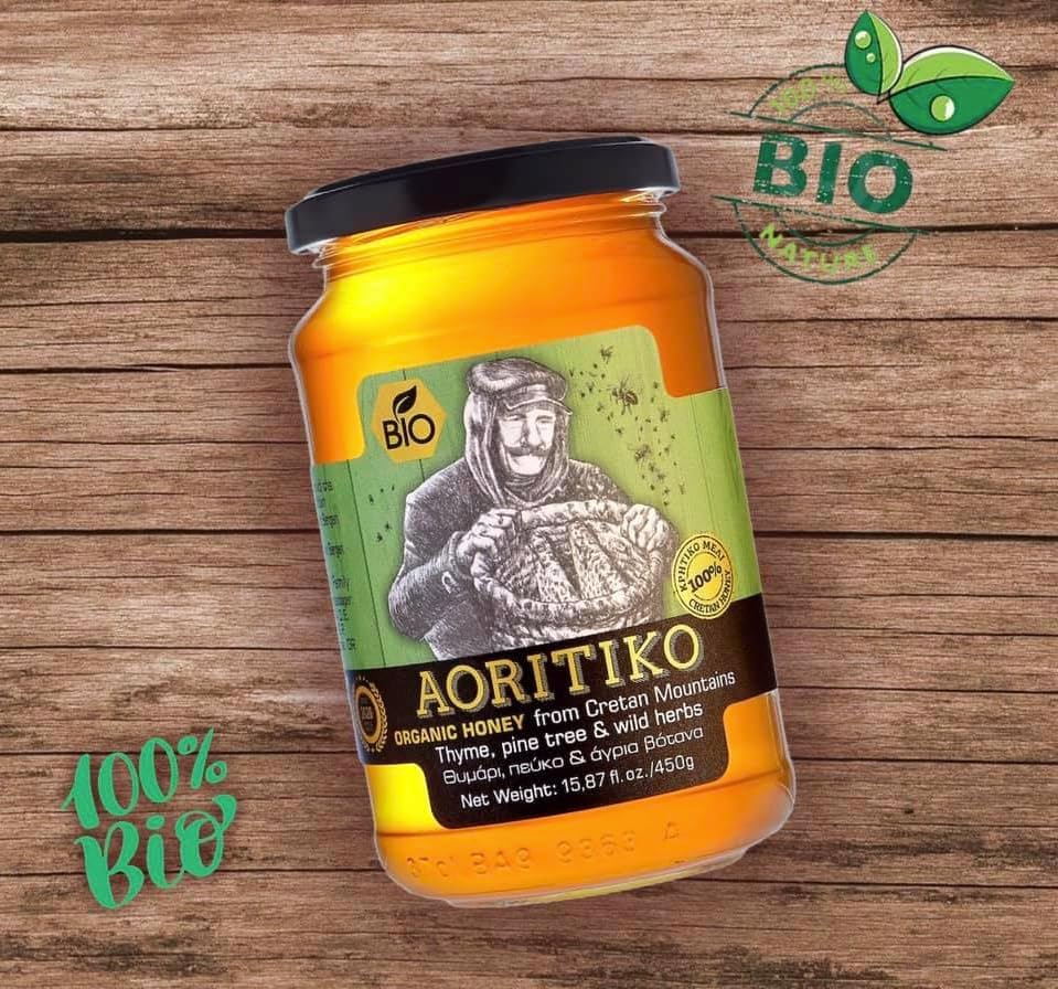Aoritiko Organic Pure Cretan Mountain Honey | Organic Greek Honey | 100% Natural, Wildflower & Herb-Infused, Rich Aromatic Flavor, Harvested from Pristine Greek Flora | 450 gram glass jar