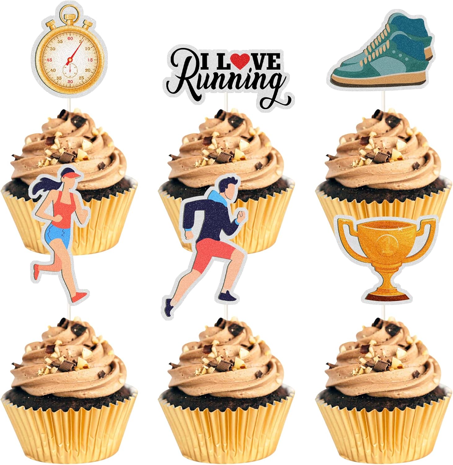 Running Cupcake Toppers, Track, Cross Country or Marathon Party Birthday Party Clear Treat Picks, Sports Theme Party Cake Decoration.Rainbow Glitter Set of 18