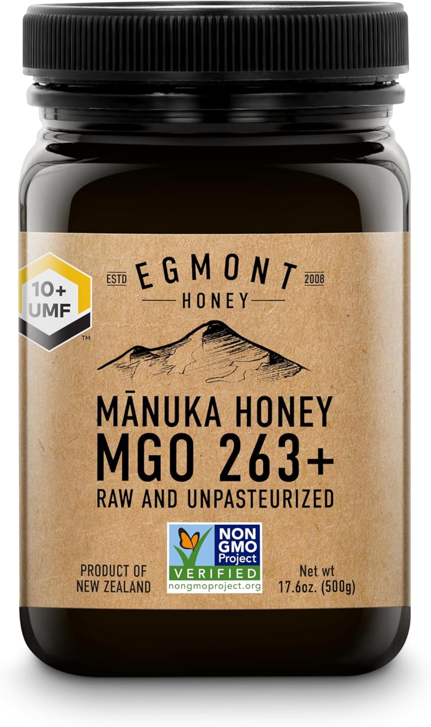 Egmont Honey MGO 263+ / UMF 10+ - NON-GMO, Kosher, Recycled plastic jar, Traceable 100% Pure & Raw Authentic New Zealand Honey (500g)