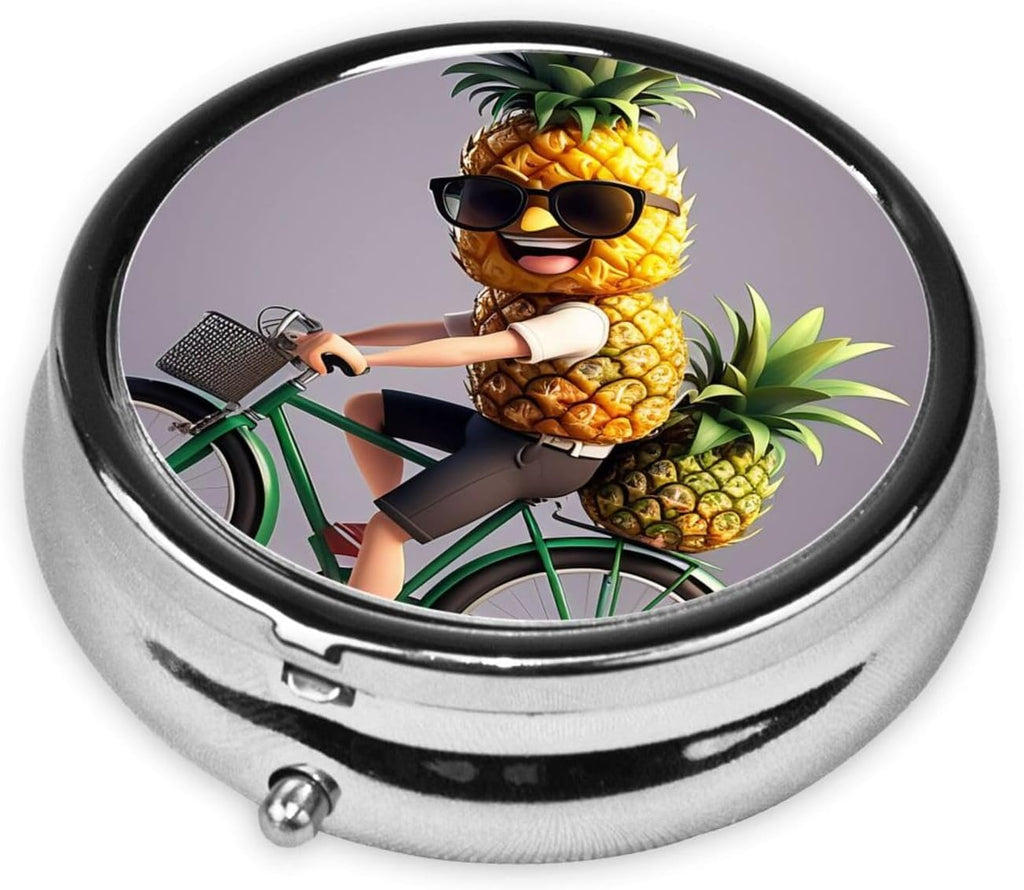 ZhongGuo Pineapple Bike Printed Pill Organizer,Round Travel Pill Organizer Mini Medicine Pill Box for Purse Iron Plating
