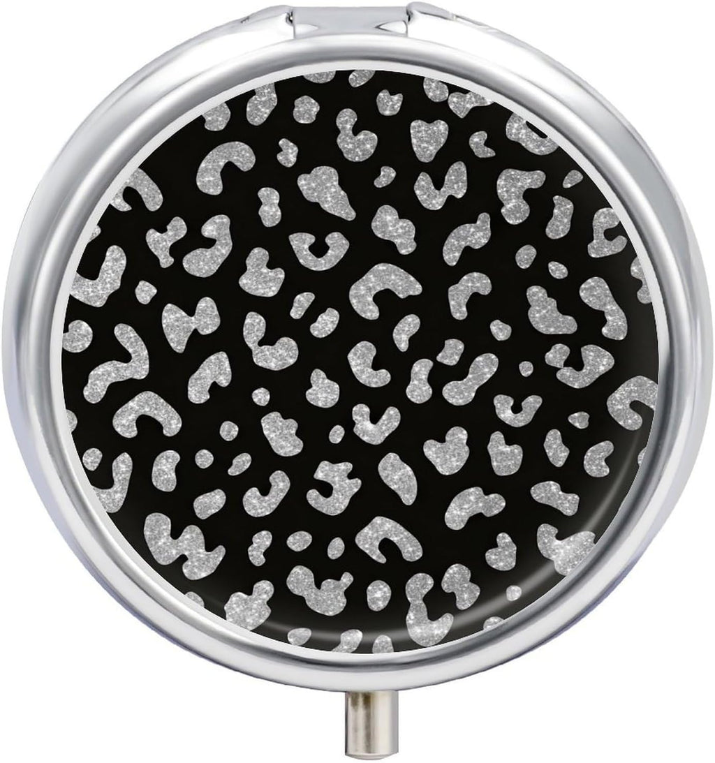Black Leopard Print Pill Box, Small Pill Organizer with 3 Compartments and Mirror, Fun Round Portable Travel Metal Pill Case