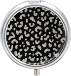 Black Leopard Print Pill Box, Small Pill Organizer with 3 Compartments and Mirror, Fun Round Portable Travel Metal Pill Case