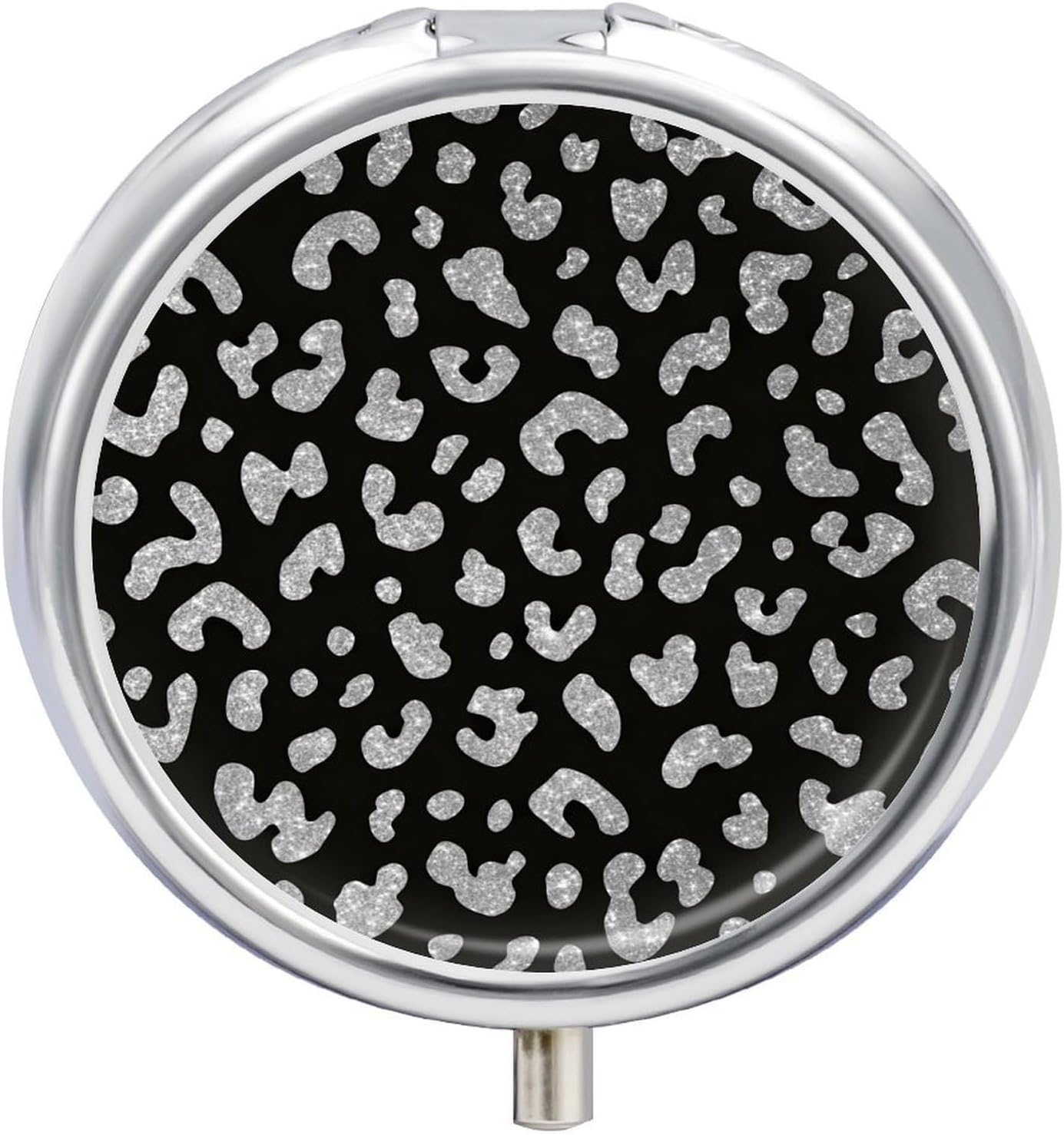 Black Leopard Print Pill Box, Small Pill Organizer with 3 Compartments and Mirror, Fun Round Portable Travel Metal Pill Case